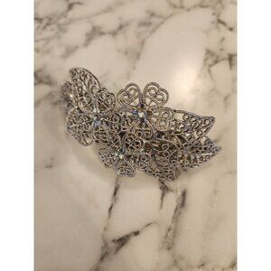 Silver Tone Filigree Floral Hair Clip Barrette With Rhinestones